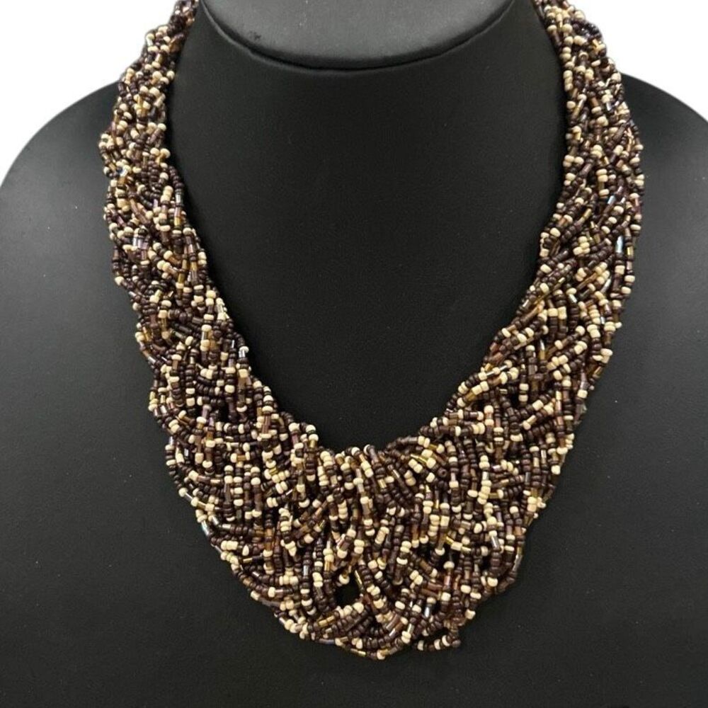 Vintage Woven Seed Bead Bib Necklace 16.5" Brown Beige Multi Inter-woven Strands - Picture 3 of 8